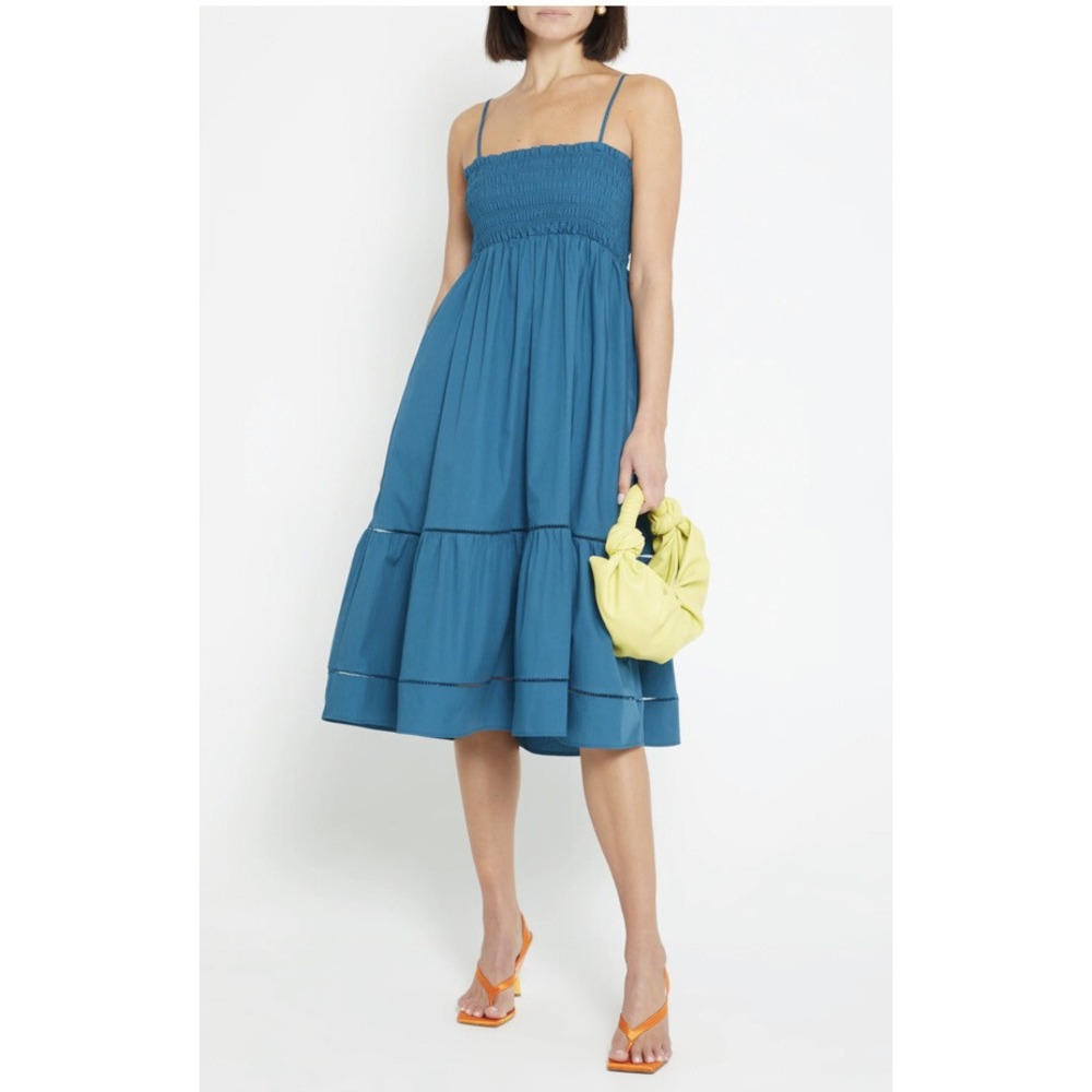 O.P.T Leila Teal Cotton Smocked Midi Dress Square Neck L NEW